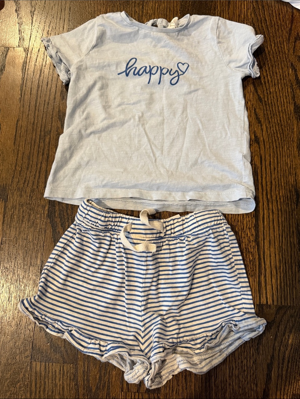 H&M girl short set "Happy" short sleeve Set with Striped Shorts ruffles
